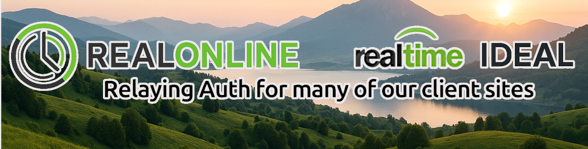 RealOnline circular clock logo on soft landscape background